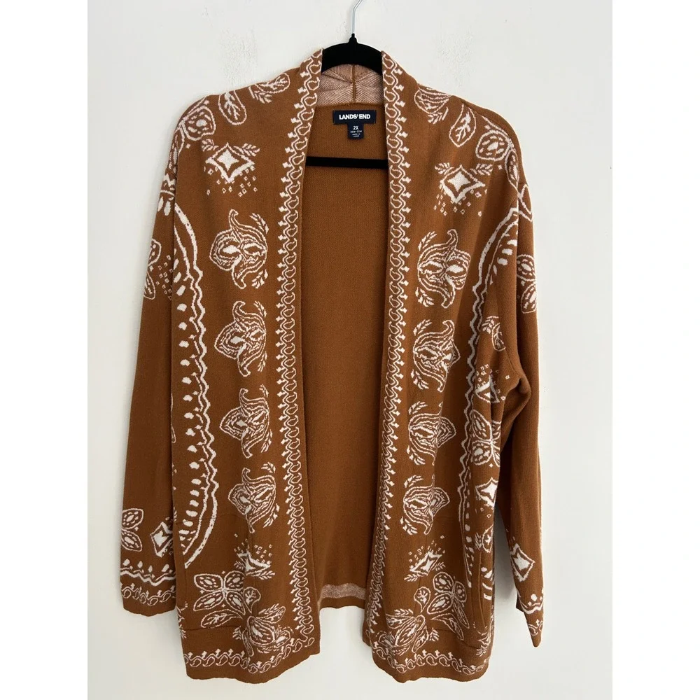 Lands End Women 2X Carmel Brown/White Paisley Cotton Open Front Cardigan Sweater